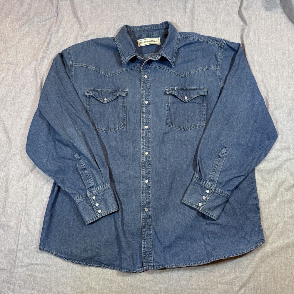 Bit & Bridle‎ Shirt Mens 3XL Blue Denim Western Pearl Snap Long Sleeve Cowboy